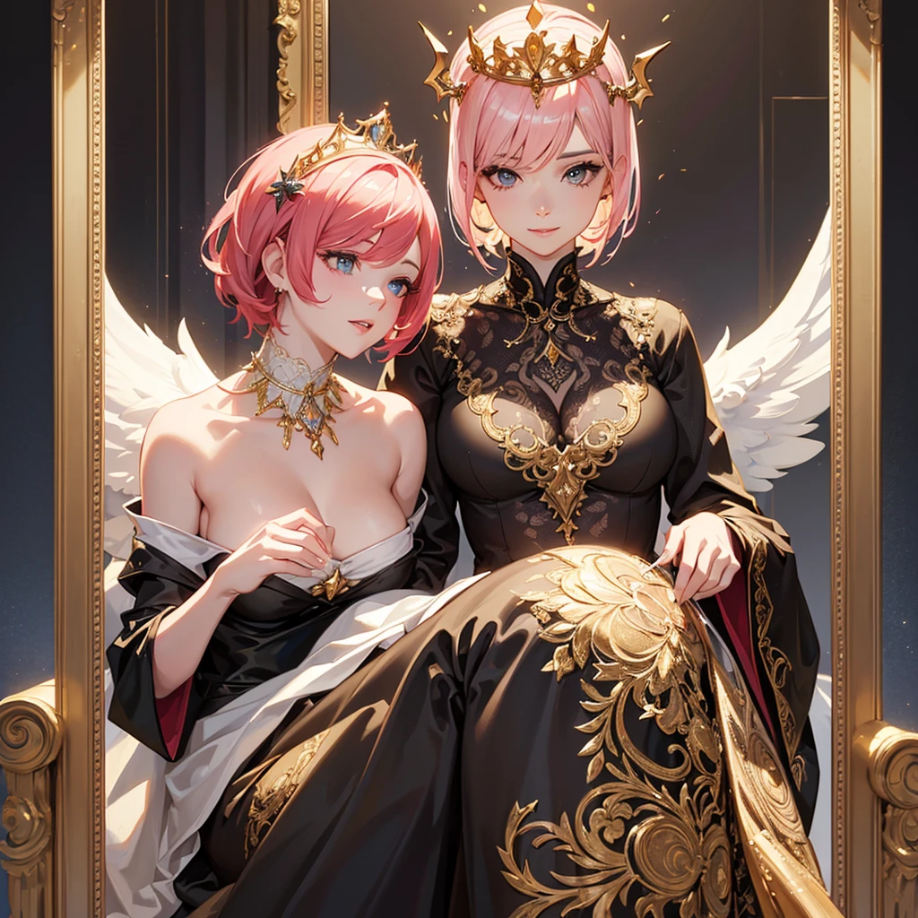 a beautiful woman with short pink hair, wearing a crown, a black and gold dress, angel wings, smiling and glowing, a queen, ultra-detailed, (best quality,8k,highres,masterpiece:1.2),extremely detailed face and eyes, beautiful detailed lips, longeyelashes, elegant pose, dramatic lighting, cinematic, fantasy, intricate details, rich colors, warm lighting, photorealistic, award-winning digital art