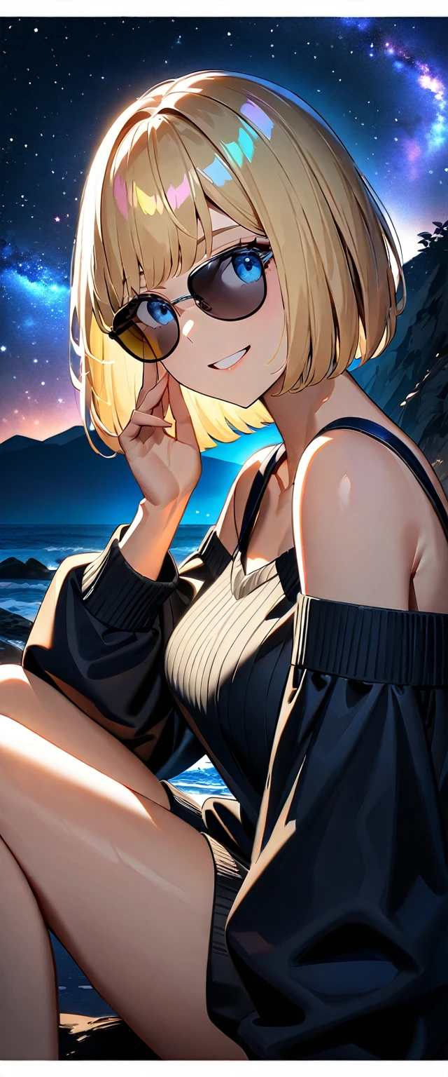 (((a beautiful starry sky, the Milky Way shining beautifully in the night))), ((bare legs)), (((sunglasses, hand to sunglasses))), (Aran sweater), ((((from side)))), upper body, ((sitting on the very high cliff)), wavy hair, inward curled hair, sea, beach, ((blond hair, bob cut:1.3)), breasts, teenager, (looking at viewer), oversized clothes, puffy long sleeves, ((off-shoulder sweater:1.3, Quite thick shoulder straps)), ((black sweater)), collarbone, head tilt:1.3, (((blue eyes))), happy smile, (((anime style))), (best quality, 4K, 8K, highres, masterpiece:1.2, ultra-detailed, ultra-detailed eyes, HDR, uhd, studio lighting, ultra-fine painting, sharp focus, physically-based rendering, extreme detail description, professional, vivid colors, bokeh)