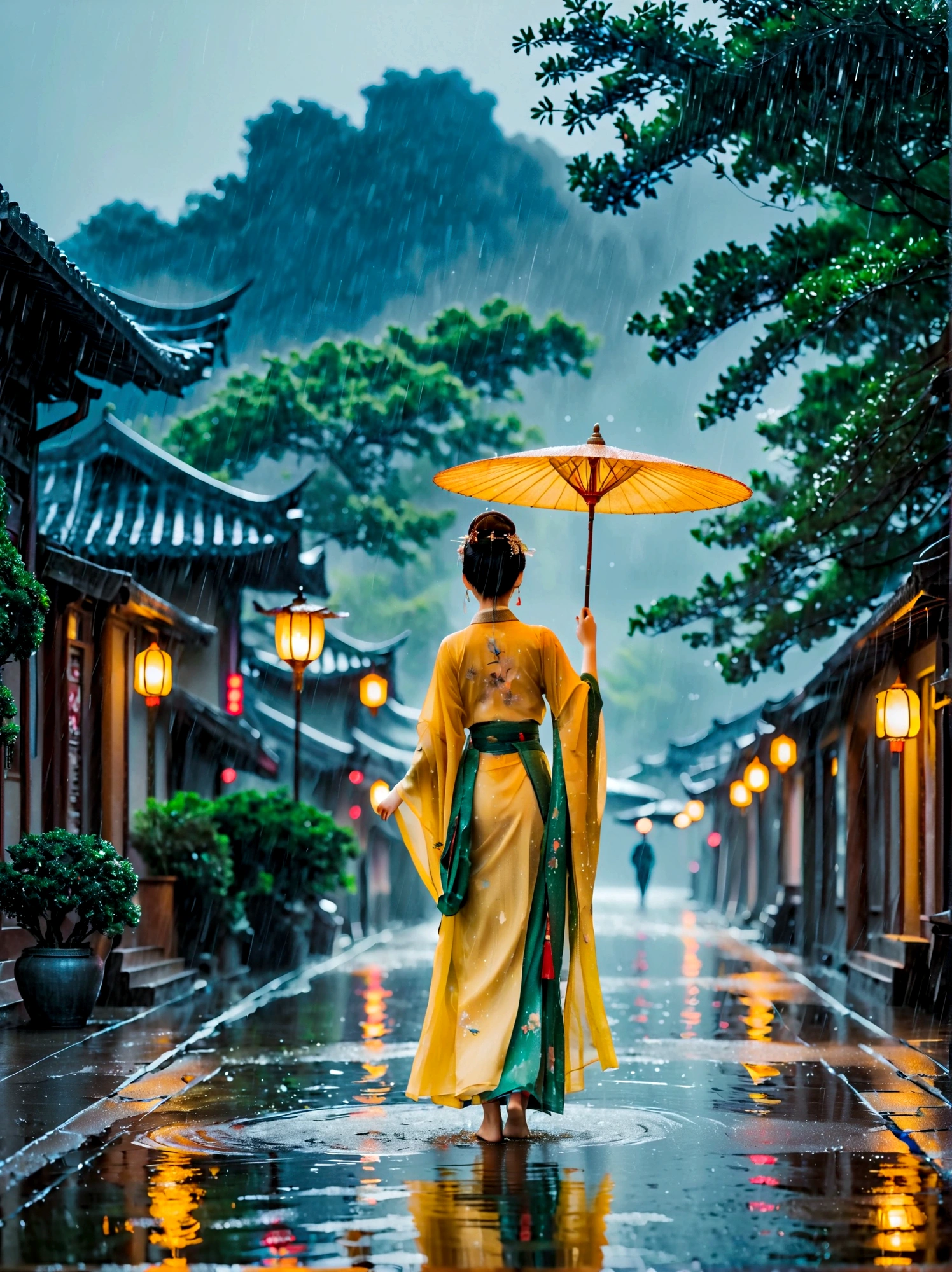 1girl,((beautiful eyes)),((Perfect and refined limbs)),Dancing happily in the pouring rain,City,The streets are wet,闪闪发Light,reflection着City的灯Light,Raindrops poured down around her,Falling on the ground with splashes of water,Her clothes were soaked with rain,Dancing happily,Let the rain wash her skin(masterpiece,Best quality:1.2),lifelike,Reality,梦幻般的Light芒,错综复杂的detail,Ultra Detailed,detail,High contrast,美丽细致的Light芒,Bright,更多detail,精细发Light,very fine 8K CG wallpaper,Depth of Field,Abuse of color difference,Soft colors,非常精致的Light线,眩Light,Light,Light粒子,reflection