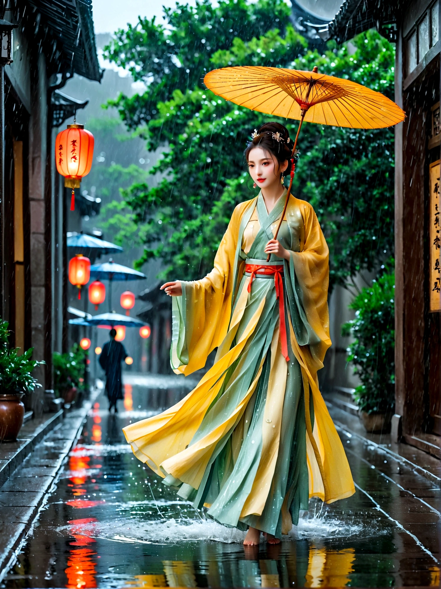 1girl,((beautiful eyes)),((Perfect and refined limbs)),Dancing happily in the pouring rain,City,The streets are wet,闪闪发Light,reflection着City的灯Light,Raindrops poured down around her,Falling on the ground with splashes of water,Her clothes were soaked with rain,Dancing happily,Let the rain wash her skin(masterpiece,Best quality:1.2),lifelike,Reality,梦幻般的Light芒,错综复杂的detail,Ultra Detailed,detail,High contrast,美丽细致的Light芒,Bright,更多detail,精细发Light,very fine 8K CG wallpaper,Depth of Field,Abuse of color difference,Soft colors,非常精致的Light线,眩Light,Light,Light粒子,reflection