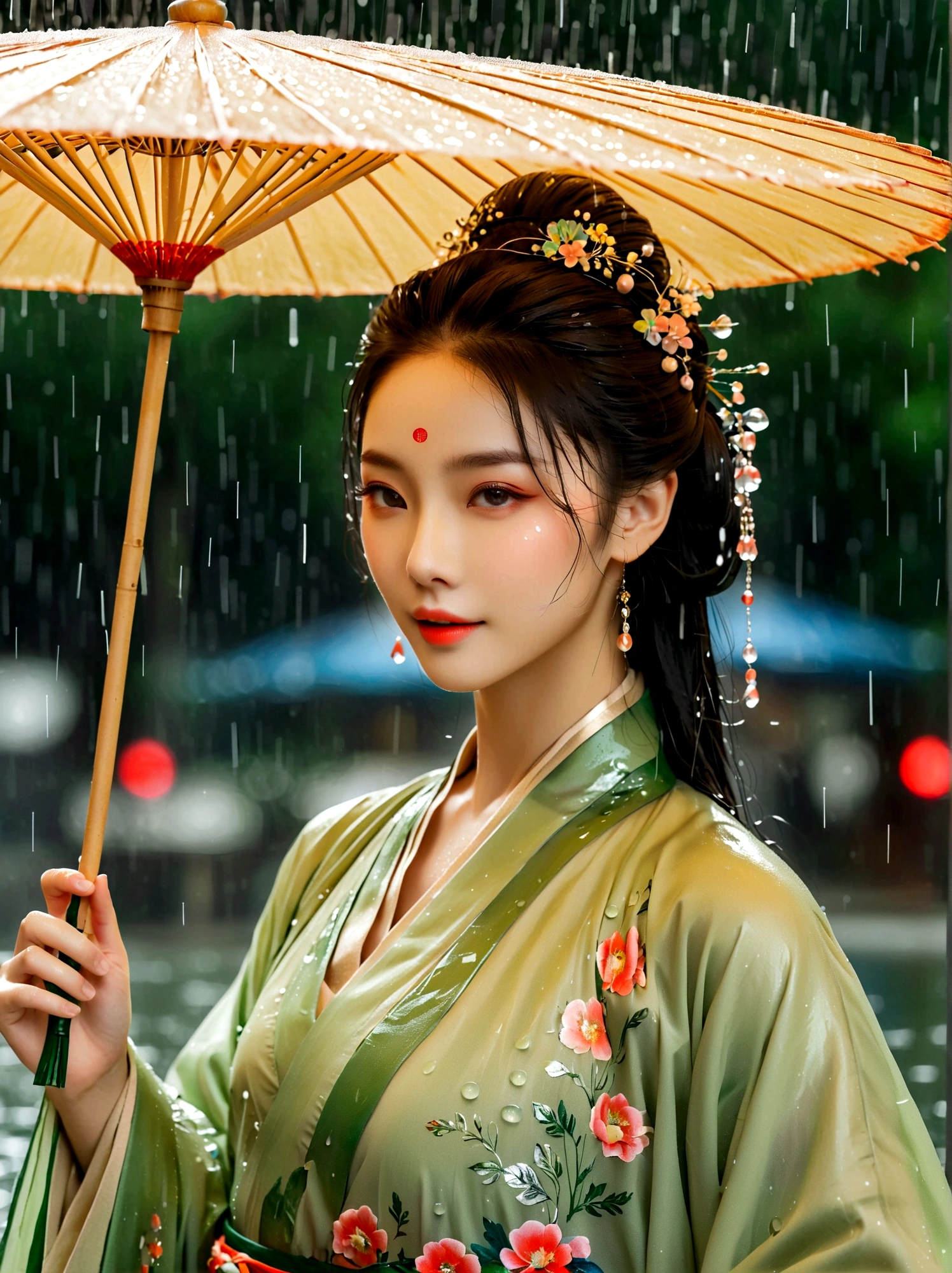1girl,((beautiful eyes)),((Perfect and refined limbs)),Dancing happily in the pouring rain,City,The streets are wet,闪闪发Light,reflection着City的灯Light,Raindrops poured down around her,Falling on the ground with splashes of water,Her clothes were soaked with rain,Dancing happily,Let the rain wash her skin(masterpiece,Best quality:1.2),lifelike,Reality,梦幻般的Light芒,错综复杂的detail,Ultra Detailed,detail,High contrast,美丽细致的Light芒,Bright,更多detail,精细发Light,very fine 8K CG wallpaper,Depth of Field,Abuse of color difference,Soft colors,非常精致的Light线,眩Light,Light,Light粒子,reflection