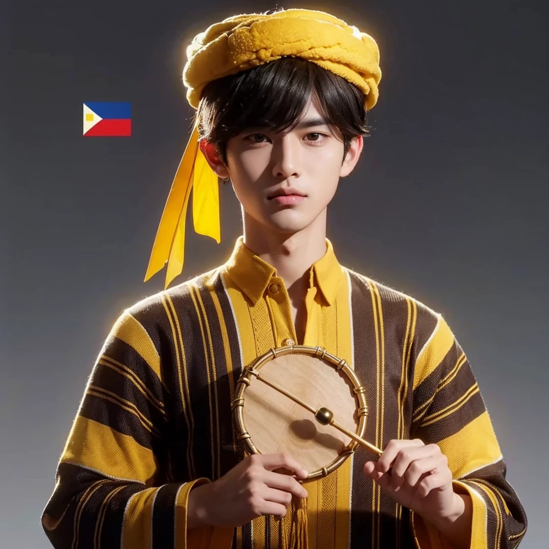 Handsome boy, black hair, brown eyes, yellow headdress, black and yellow polo, holding a small gong