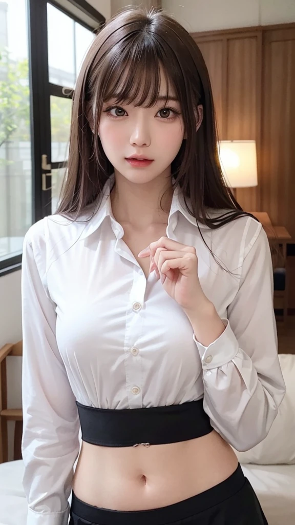 Bright expression、Photorealistic Stick:1.32、Highest quality、Ultra-high resolution、Photos of the most beautiful Japan girls、Cute and beautiful facial details、Small face、(Dealing with the Children_v1:0.008)、美しいbangs、29-year-old、Glowing White Skin、Hair gets tangled in the face、顔まで伸びるbangs、bangs、Hair between the eyes、胸下までのびるLong Hair、Wavy long hair、Silky hair of attractive black color、Bright room、Clear beige eyes shine charmingly、Super big breasts、Nipples are visible through the、Natural five-finger、Put your hands on your face、Pink puckered lipstick、Light pink eyeshadow、Pink blush、Blue skin tone、Landmine Makeup、Beautiful bunch of eyelashes、Highest quality、((Cute Girls))、29-year-oldの女性、In a white office、((She was wearing a white shirt that showed her underwear and a tight black skirt that showed her panties.、:1.3))、(Long Hair:1.4)、(Nice and cute、Troubled expression、Wavy long hair、Tight waist、Beautiful eyes in every detail、Other shoots、whole body、Chest close-up、