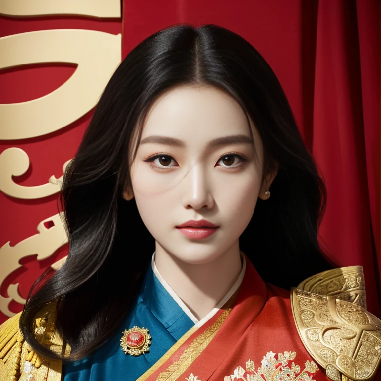 Arafed portrait of a woman in a red uniform, queen of the sea Mu Yanling, Empress of China, Order of Akira, Chinese princess, portrait of the empire, Empress Kazakh, traditional chinese, The girl who played the role of Genghis Khan, royal portrait, palace , girl in hanfu, Inspiration from Min Zhen, emperor, in military uniform