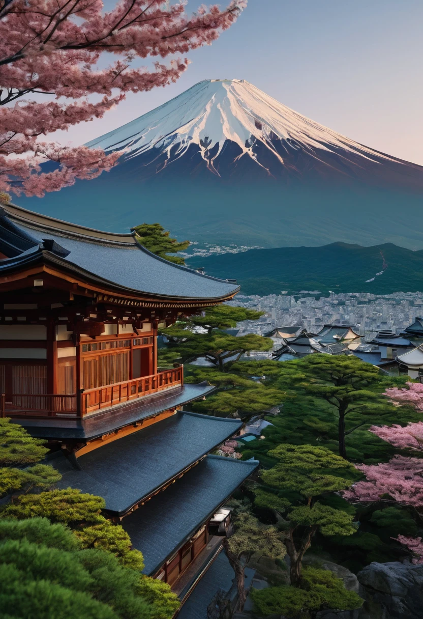 a close up of a building with a mountain in the background, japanese house, japanese architecture, ancient japanese architecture, dojo on a mountain, japan nature, lush japanese landscape, japanese landscape, mount fuji, japanese temples, japan mountains, traditional japanese colors, japanese temple, mt. fuji, japanese inspiration, japanese art style, japan travel aesthetic, japan at night, traditional japanese
