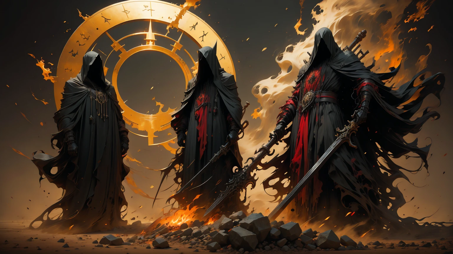 Official Art,demonio dHe infierno,black coat,(Shinigami ), (red theme:1.1), gold theme, scythe, estrHela negra,pile of skulls, cuerpo esquHeeto,impious,Red eyes,black Raven,He,cross chains, Tarot cards,8k,A high resolution,high sharpness,ultra-detailed,3D,