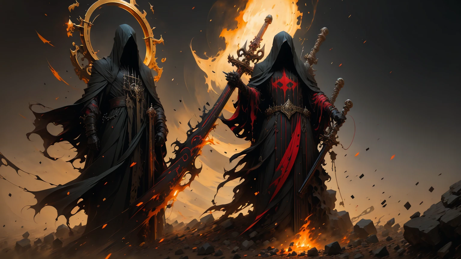 Official Art,demonio dHe infierno,black coat,(Shinigami ), (red theme:1.1), gold theme, scythe, estrHela negra,pile of skulls, cuerpo esquHeeto,impious,Red eyes,black Raven,He,cross chains, Tarot cards,8k,A high resolution,high sharpness,ultra-detailed,3D,
