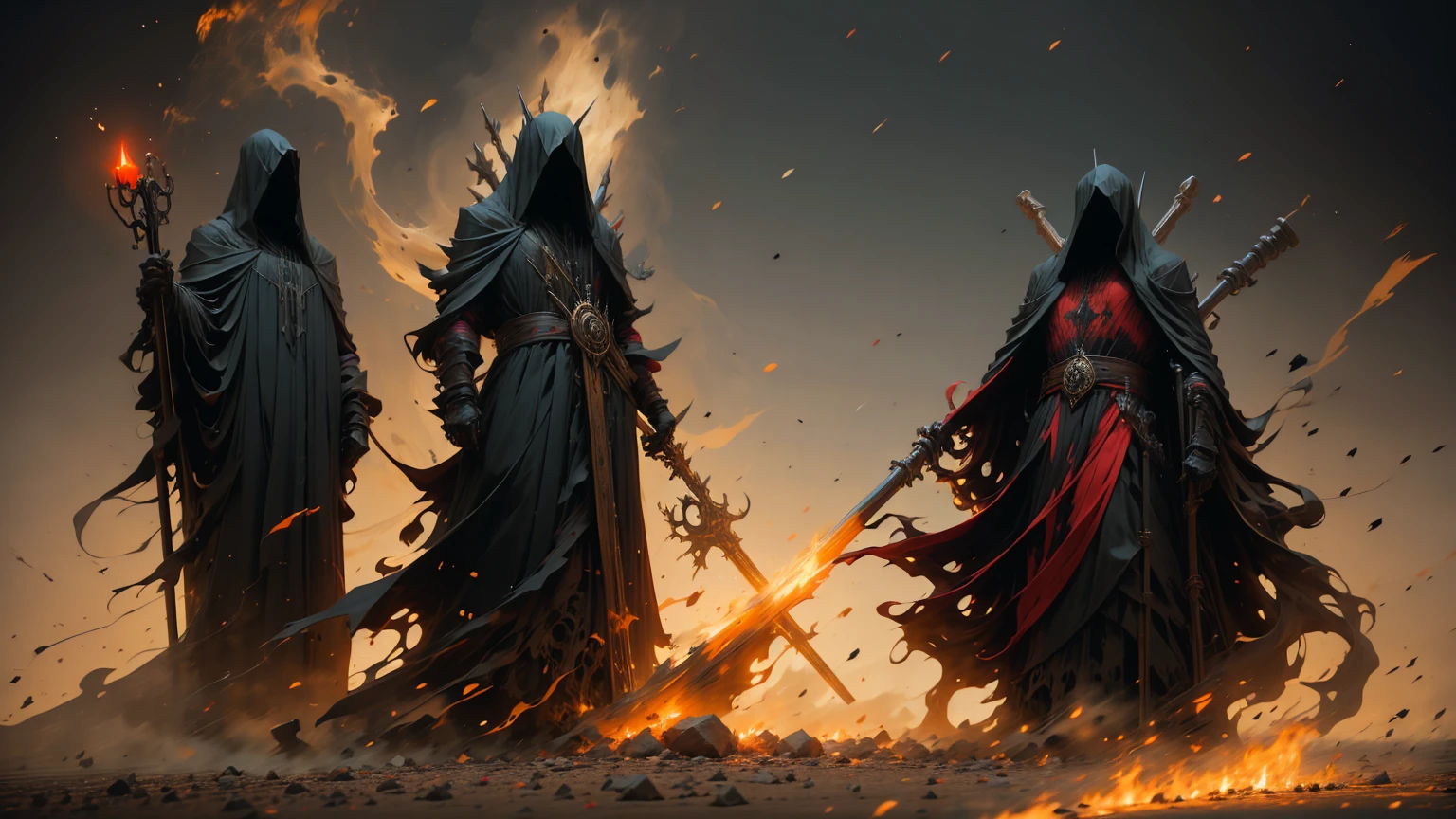 Official Art，demonio dHe infierno，black coat，（Shinigami ), (red theme:1.1), gold theme, scythe, estrHela negra,pile of skulls, cuerpo esquHeeto，impious，Red eyes，black Raven，He，cross chains, Tarot cards，8k，A high resolution，high sharpness，ultra-detailed,3D，