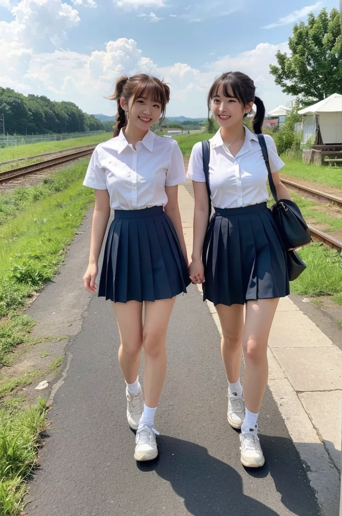 2 girls walking in rural field,cumulonimbus cloud in summer sky,sailor shirt,navy blue pleated skirt,18-year-old,bangs,a little smile,thighs,knees,short hair with low pigtails bunches,from below,front light