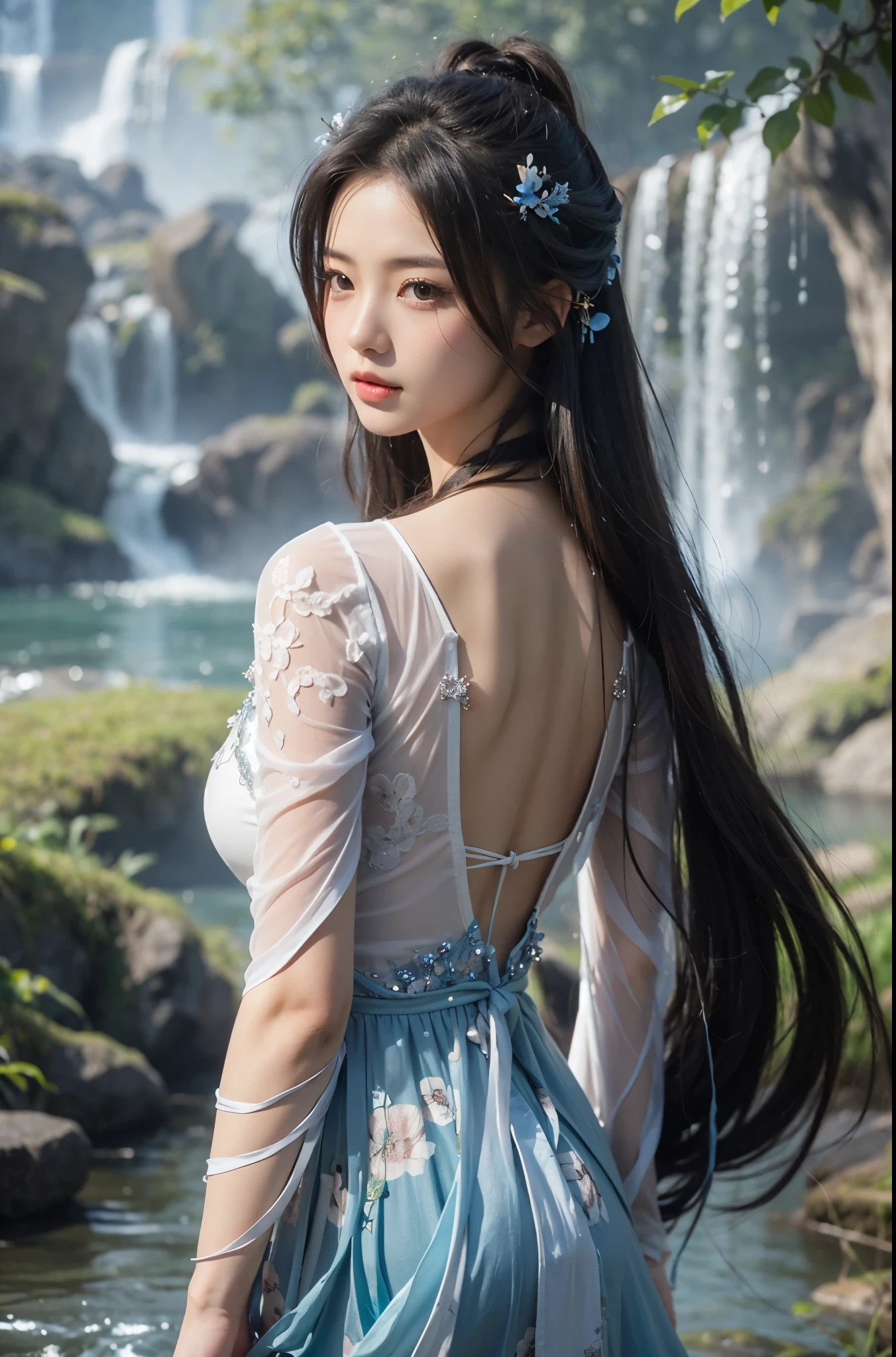 Beautiful Japanese Waifu, early 30s, brunette hair, fantasy wuxia costume, in front of waterfalls 