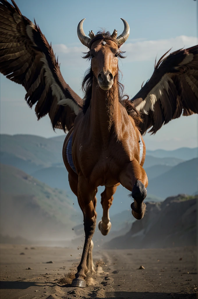 An entity with the head of a 4-eyed, horned bird, with 4 arms, and a horse-like lower body