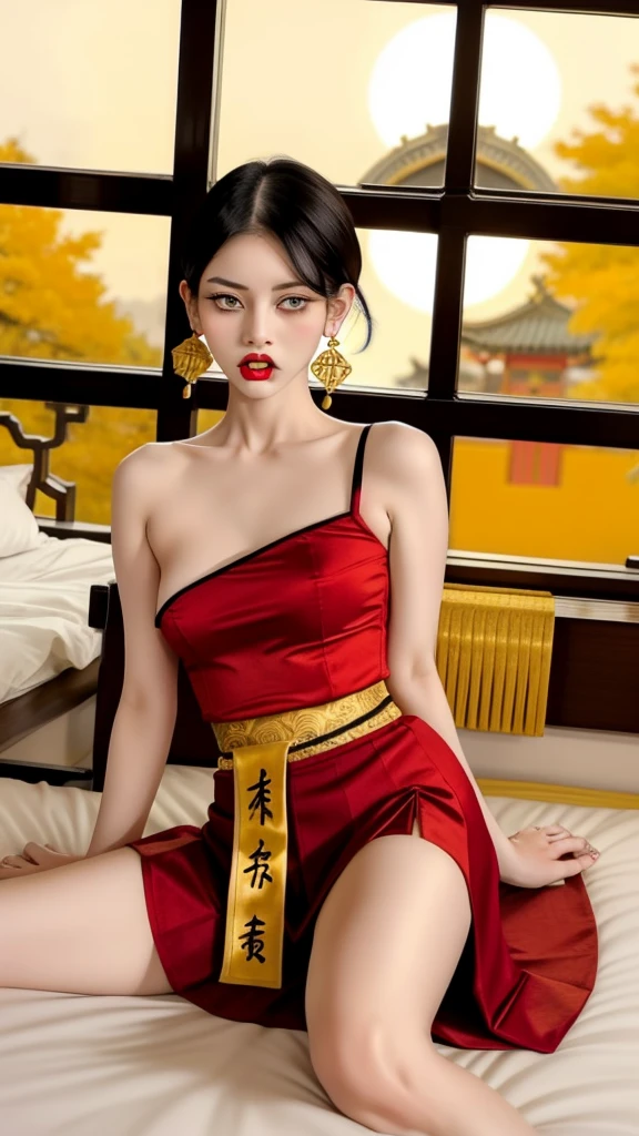 White short haired woman, with yellow eyes, mostrando os , legs open showing pussy, an angry face and a provocative look, Wearing traditional Chinese imperial clothing in gold and black, with red Hanafuda earrings, with a short red skirt. On your knees in a hotel room bed, with a sunset in the window in the background.