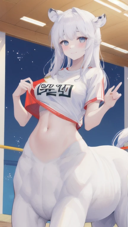(best quality, masterpiece), 1 girl, centaur, It takes, White skin, Korean , Smiling, Athletic Competition,
dimple, exposing the abdomen,belly button t-shirt, 아름다운 소녀 perfect white tiger photo, perfect white tiger photo