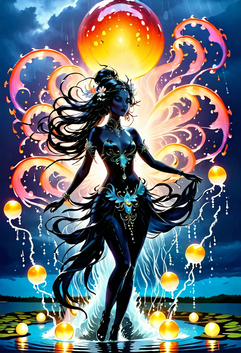 (rainstorm:1.5)，Rain splash，Huge waterspout，In the middle of the lake, Mysterious female black silhouette in the middle of the night, Surrounded by glowing spheres, Summoners dance to appease the spirits of the dead. Ceremonial canvas clothing. Sensual. Multiple magic arrays. Dynamic dance. Water Lily. Colorful palette.