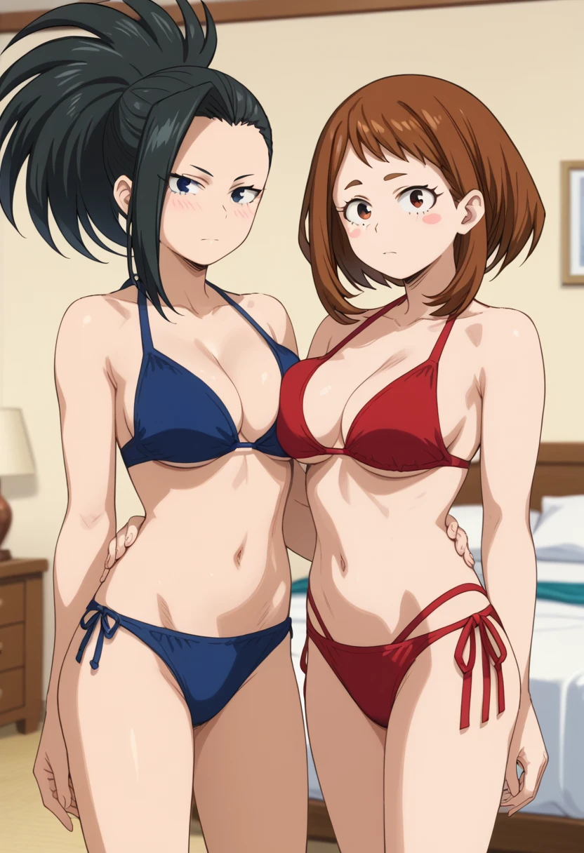 score_7_up, score_6_up, best quality, anime screencap, clear face, (2girls), yaoyorozu momo, long hair, bangs, black hair, ponytail, black eyes, high ponytail, ochako uraraka, brown eyes, brown hair, short hair, bedroom, standing, looking at viewer, big breasts, bikini, blush