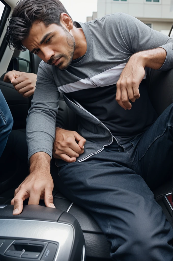 Create thumbnail of a man stuck in car and he is giving sos