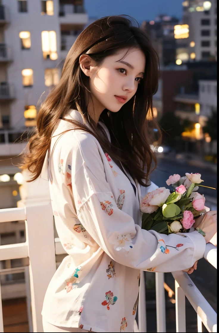 Beautiful Japanese Waifu, early 30s, brunette hair, in pyjamas, in a night city balcony 