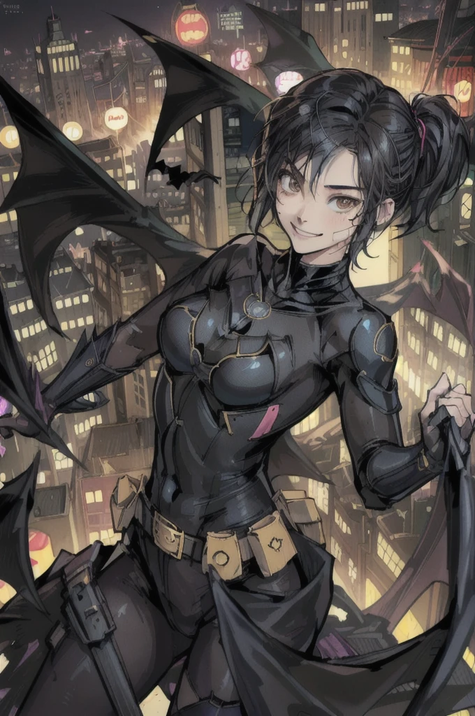 (masterpiece, best quality),1girl, solo, cassandra cain, batgirl suit, black cape, black hair, brown eyes, smile,
akihabara city, of the dead, night, from above, STANDING rooftop, neon signs, game center, 3 bats, japanese castle,