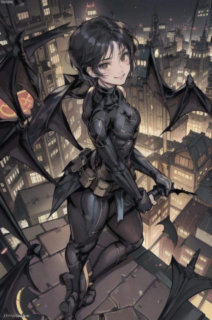 (masterpiece, best quality),1girl, solo, cassandra cain, batgirl suit, black cape, black hair, brown eyes, smile,
akihabara city, of the dead, night, from above, STANDING rooftop, neon signs, game center, 3 bats, japanese castle,
