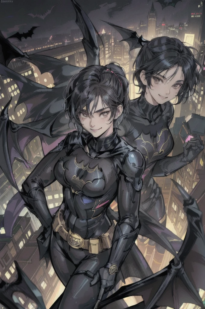 (masterpiece, best quality),1girl, solo, cassandra cain, batgirl suit, black cape, black hair, brown eyes, smile,
akihabara city, of the dead,  night,  from above, STANDING rooftop, neon signs, game center, 3 bats, japanese castle,