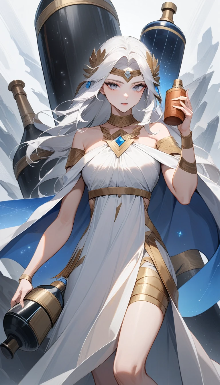 (Huang Li、high quality、Extremely detailed),Constellation Aquarius Goddess,Giant drifting bottle,Woman holding a drift bottle,Similar to Latin goodness,brave,capricious,Productivity,The face of enterprising and humanitarianism,Short blue and white hair,Ancient Greek costumes、Wrap Dress,The background is the universe,Crystal black eyes(Eyes Details),Powerful appearance