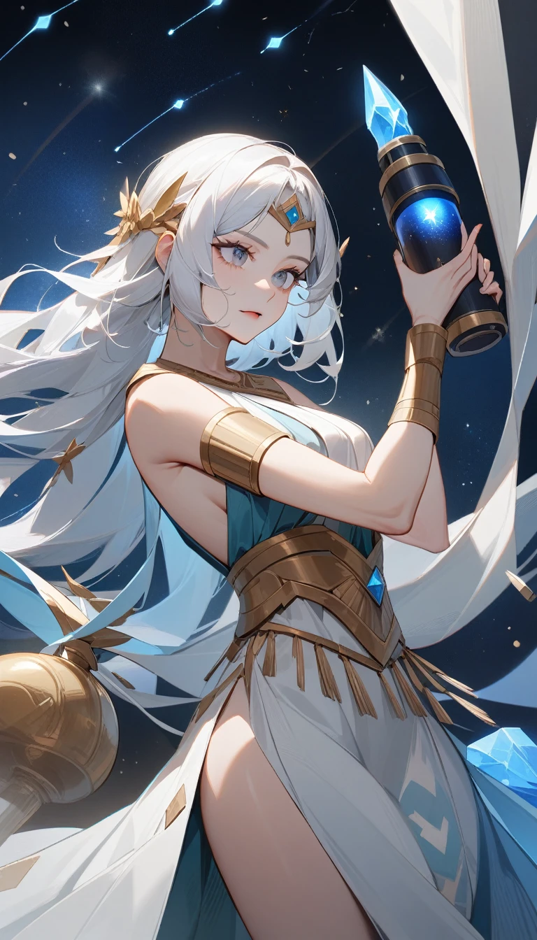 （Huang Li、high quality、Extremely detailed），Constellation Aquarius Goddess，Giant drifting bottle，Woman holding a drift bottle，Similar to Latin goodness，brave，capricious，Productivity，The face of enterprising and humanitarianism，Short blue and white hair，Ancient Greek costumes、Wrap Dress，The background is the universe，Crystal black eyes（Eyes Details），Powerful appearance