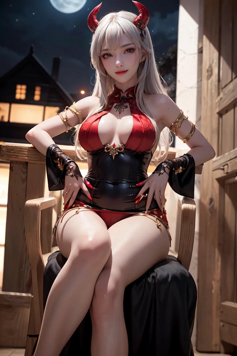 masterpiece, Highest quality, Highest quality, Beautiful and aesthetic:1.2, One girl, Halloween Night, Dressed in a gorgeous devil costume, Detailed, ((Red eyes:1.8)), Sitting in a luxury chair、Spread your legs wide, (Large Breasts, Hard chest, Shapely breasts, Slim figure), Thin legs, Thin legs,
((Gray Hair, Red inner hair)), Wavy Hair, (Medium Hair:1.2), (Asymmetrical bangs:1.2),
At a Halloween costume party late at night, (Full Body Shot:1.1), (From below:1.2),