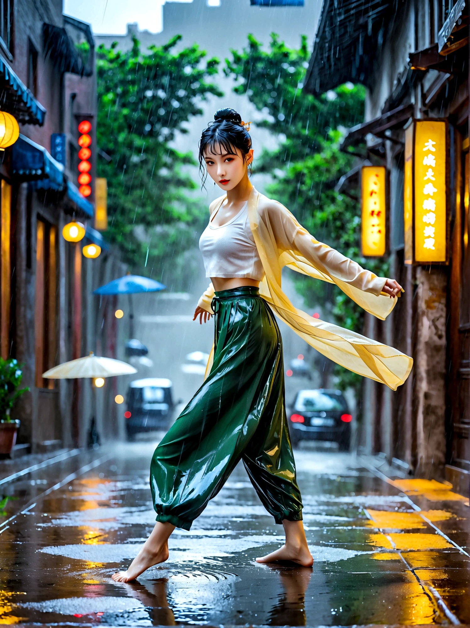 A girl full of energy，Showing off her breakdancing skills on a graffiti-covered urban dance floor，She was barefoot，Loose and comfortable clothes，Perfect for dancing，Her black hair was tied into a high ponytail.，One hand rotation，Spin your feet in the air，In the heavy rain，The scene is filled with cold rain，The audience was impressed，She performed a complex move with ease.，The energy she captures is palpable，The air is filled with the rhythm of street music