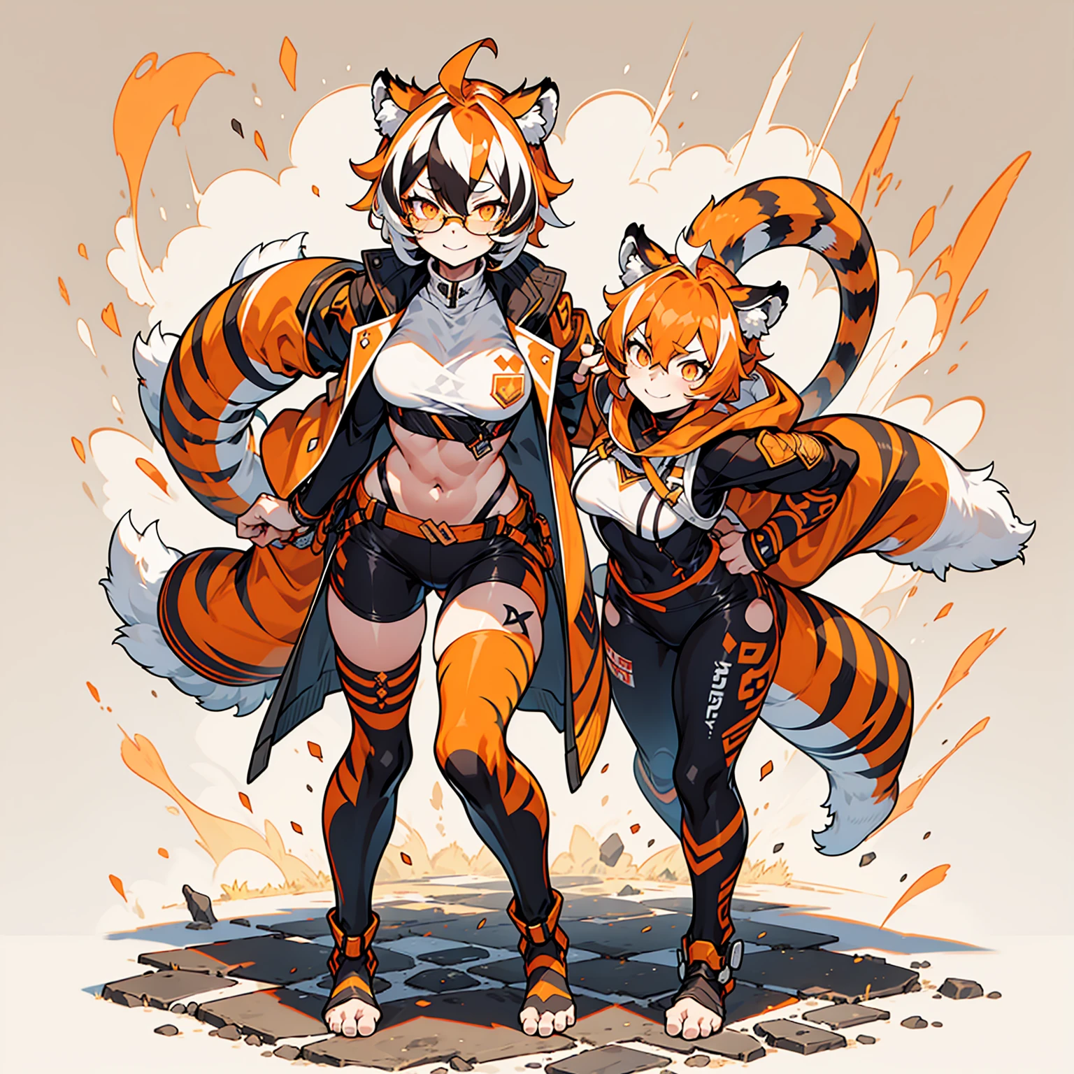 white background, full body, solo, Standing, heading up, proud , young girl, animal ears, arknights, white hair, black hair, round eyewear, glasses, OPPEIN, short hair, large breasts, muscle,tail, orange eyes, orange hair, multicolored hair, tiger girl, furry female, hair between eyes, tiger_ears, tiger_tail, waai_fu, orange-tinted_eyewear, tinted_eyewear, Sophorae, ワイフー, waai_fu_arknights, tattoo, petite, neck tattoo, big breasts, stomach tattoo, bra, panties, evil smile, Shadows under feet,text,