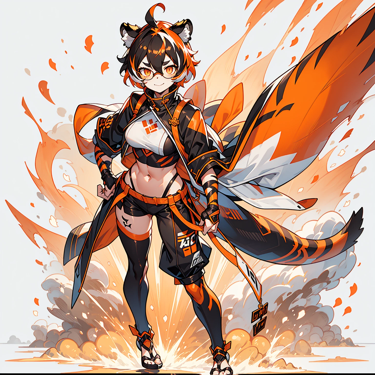 white background, full body, solo, Standing, heading up, proud , young girl, animal ears, arknights, white hair, black hair, round eyewear, glasses, OPPEIN, short hair, large breasts, muscle，tail, orange eyes, orange hair, multicolored hair, tiger girl, furry female, hair between eyes, tiger_ears, tiger_tail, waai_fu, orange-tinted_eyewear, tinted_eyewear, Sophorae, ワイフー, waai_fu_arknights, tattoo, petite, neck tattoo, big breasts, stomach tattoo, bra, panties, evil smile, Shadows under feet，text，