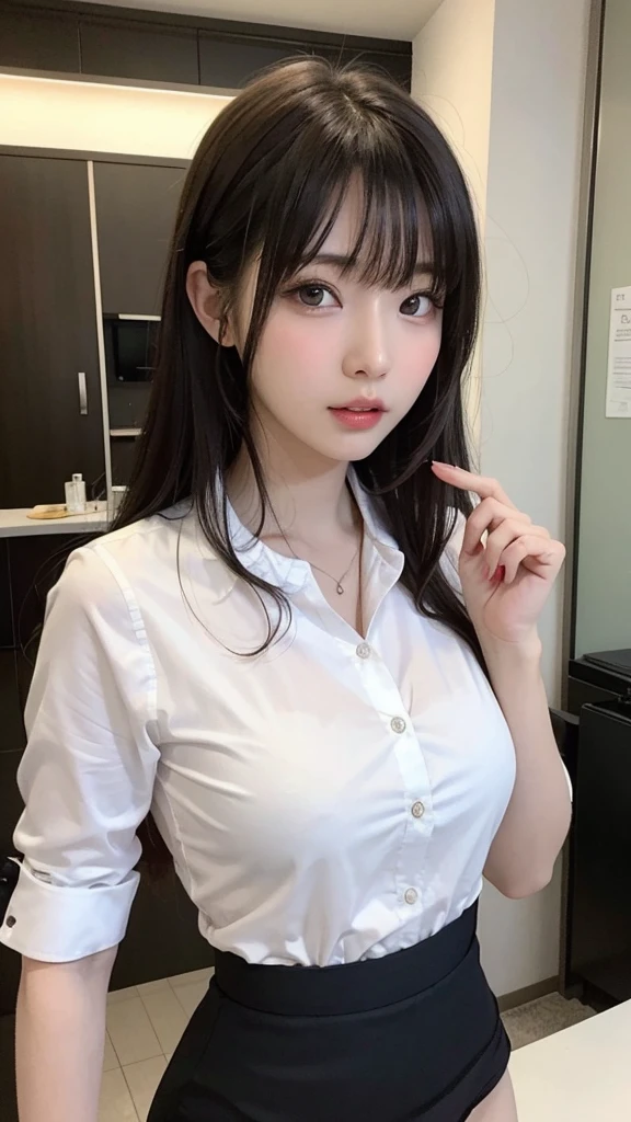 Bright expression、Photorealistic Stick:1.32、Highest quality、Ultra-high resolution、Photos of the most beautiful Japan girls、Cute and beautiful facial details、Small face、(Dealing with the Children_v1:0.008)、美しいbangs、29-year-old、Glowing White Skin、Hair gets tangled in the face、顔まで伸びるbangs、bangs、Hair between the eyes、胸下までのびるLong Hair、Wavy long hair、Silky hair of attractive black color、Bright room、Clear beige eyes shine charmingly、Super big breasts、Nipples are visible through the、Natural five-finger、Put your hands on your face、Pink puckered lipstick、Light pink eyeshadow、Pink blush、Blue skin tone、Landmine Makeup、Beautiful bunch of eyelashes、Highest quality、((Cute Girls))、29-year-oldの女性、In a white office、((She was wearing a white shirt that showed her underwear and a tight black skirt that showed her panties.、:1.3))、(Long Hair:1.4)、(Nice and cute、Troubled expression、Wavy long hair、Tight waist、Beautiful eyes in every detail、Other shoots、Full body close-up
