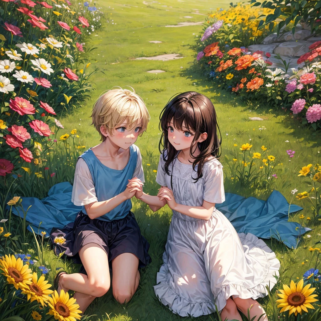 In the heart of a lush, vibrant meadow, two boys, approximately 10 to , sit together on a blanket, surrounded by a tapestry of colorful wildflowers. The painting is a celebration of innocence, joy and the beauty of childhood friendship.
The boys, with their sun-kissed skin and bright, curious eyes, sit cross-legged, facing each other. Their hands are intertwined, their fingers gently intertwined as if they share a secret. Their faces are tilted toward each other, their eyes closed in a deep, loving gaze.
The boy on the left, with messy brown hair, has a sweet smile on his face and his eyes shine with adoration. The boy on the right, with a messy blonde haircut, has a more introspective expression, his eyes filled with quiet contentment.