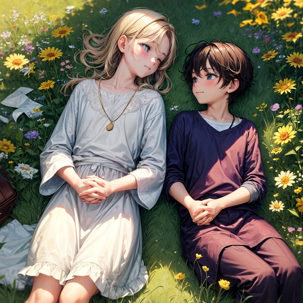 In the heart of a lush, vibrant meadow, two boys, approximately 10 to 12 years old, sit together on a blanket, surrounded by a tapestry of colorful wildflowers. The painting is a celebration of innocence, joy and the beauty of childhood friendship.
The boys, with their sun-kissed skin and bright, curious eyes, sit cross-legged, facing each other. Their hands are intertwined, their fingers gently intertwined as if they share a secret. Their faces are tilted toward each other, their eyes closed in a deep, loving gaze.
The boy on the left, with messy brown hair, has a sweet smile on his face and his eyes shine with adoration. The boy on the right, with a messy blonde haircut, has a more introspective expression, his eyes filled with quiet contentment.