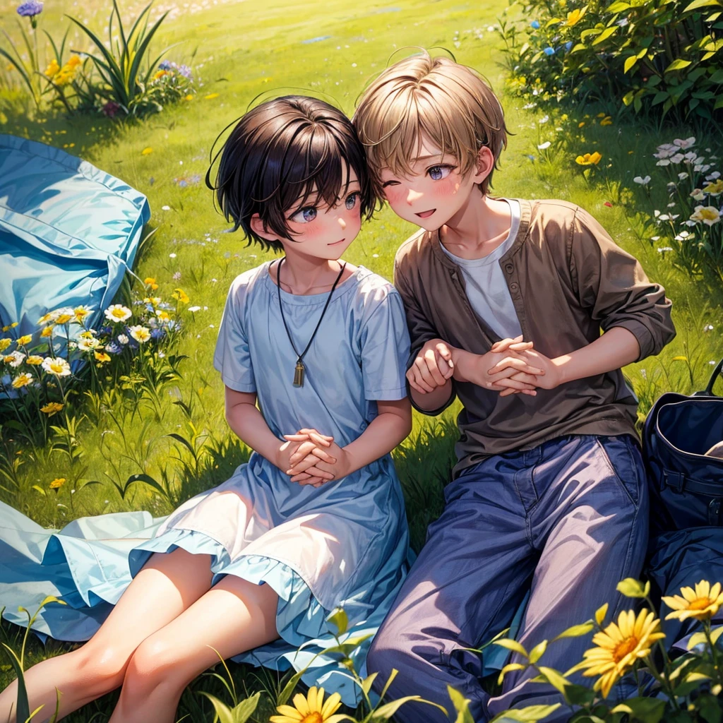 In the heart of a lush, vibrant meadow, two boys, approximately 10 to 12 years old, sit together on a blanket, surrounded by a tapestry of colorful wildflowers.  The painting is a celebration of innocence, joy and the beauty of childhood friendship.

 The boys, with their sun-kissed skin and bright, curious eyes, sit cross-legged, facing each other.  Their hands are intertwined, their fingers gently intertwined as if they share a secret.  Their faces are tilted toward each other, their eyes closed in a deep, loving gaze.

 The boy on the left, with messy brown hair, has a sweet smile on his face and his eyes shine with adoration.  The boy on the right, with a messy blonde haircut, has a more introspective expression, his eyes filled with quiet contentment.
