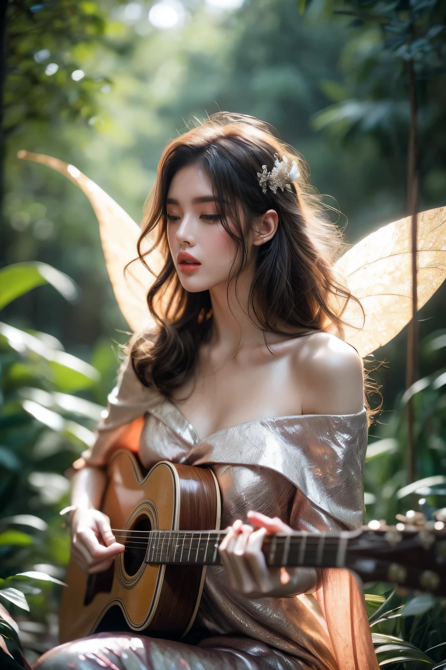 A girl plays guitar in the forest, curly hair, Curls, covered eyes, very thin build, asthenia, Anorexia, short white dress, off shoulder, plays the guitar, vintage guitar, musician, light skin, Magic Lights, Magic Lights, A magical forest, fairy forest, fairy lights