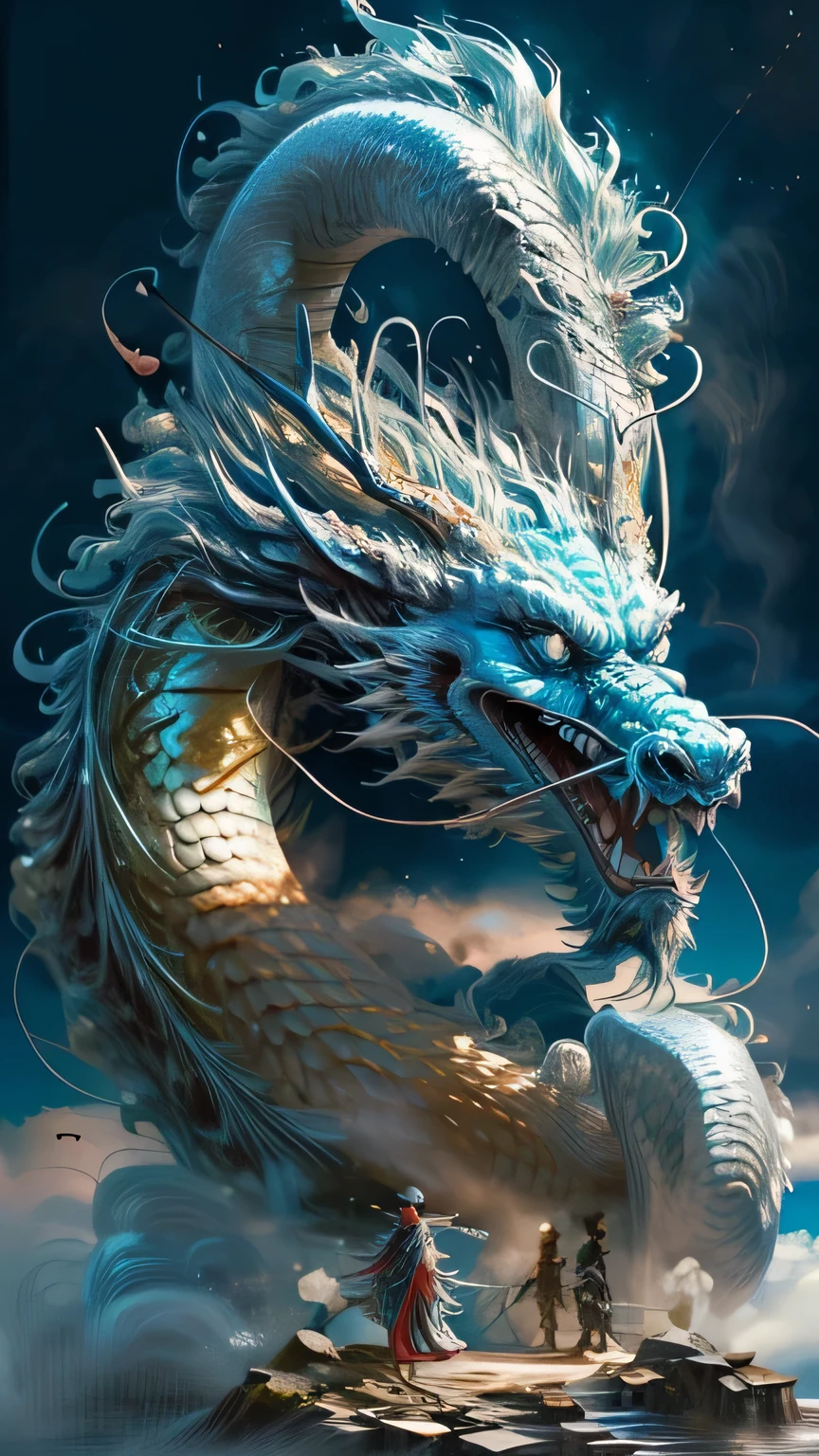 (Foto RAW, best qualityer), (realisitic, realisitic: 1.3), NVIDIA RTX Ray Tracing, octan render, high-resolution, extremely delicate and beautiful, Awesome, finely detail, Masterpiece artwork, ultra detali, highres, (best illustration), (best shade), intrikate, Handsome Chinese man with ancient long hair stands atop a mountain peak shrouded in mist, 20-year-old boy, bonitas, sem beard, a delicate facial features, wind de fada bone Dao, white for clothes, immortal, gorgeous clothing, his left hand raised above his head, wielding a luminescent green orb, standing with your back to the viewer, in front of a gigantic blue Chinese Loong, (Loong: 1.4), clouds, tempest, mountainscape, sun sunset, sharp focus, perfect compositio, absurdrez, fancy, intrikate, chic, highy detailed, volumetric mist, 8K  UHD, dslr, high qualiy, (grain of film: 1.4), Fujifilm XT3, art-station, smooth and sharp focus, circunstanciado, awarded photo, BLN-L24, exposure, hight contrast, cinematic lighthing.