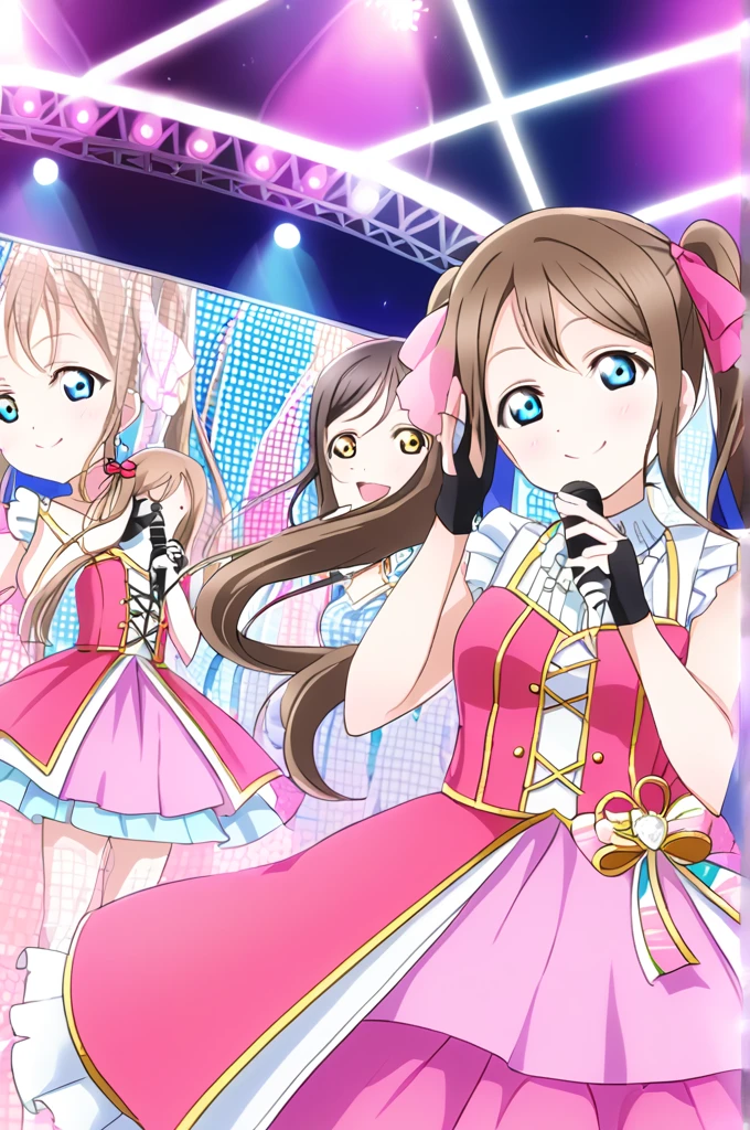 Sakurazaka Shizuku Dark brown hair Long Hair Long twin tails Light blue eyes ((1People Girls)) Pink dress smile Live Stage LoveLive microphone one man live Hair Ribbon