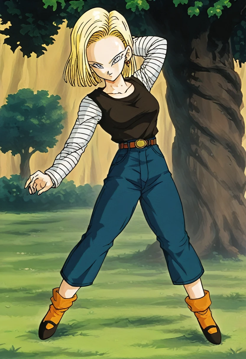 masterpiece, Detailed face, 
Android 18,  Buu Saga, , One girl, alone, View your viewers, short hair, blue eyes, Blonde, clavicle, 
Field, wood, forest, whole body, Hovering, 
Hollow, 
Black Shirt, Long sleeve, Striped sleeves, Hoop Earrings, shoes, オレンジ色のshoes下, belt, High waist pants,
 