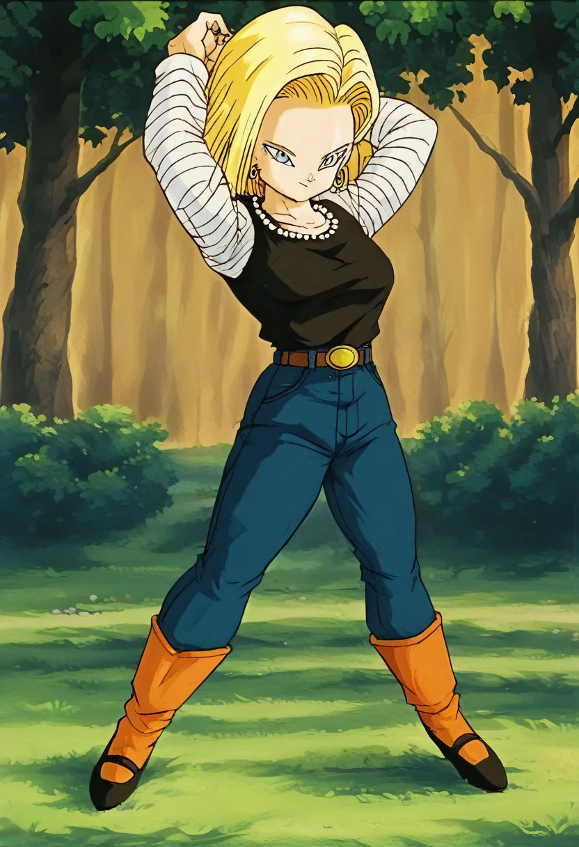 masterpiece, Detailed face, 
Android 18,  Buu Saga, , One girl, alone, View your viewers, short hair, blue eyes, Blonde, clavicle, 
Field, wood, forest, whole body, Hovering, 
Hollow, 
Black Shirt, Long sleeve, Striped sleeves, Hoop Earrings, shoes, オレンジ色のshoes下, belt, High waist pants,
 