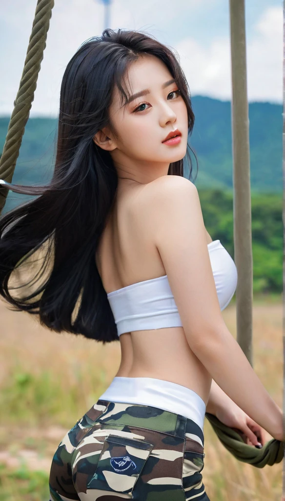 close-up of beautiful South Korean, An Yujin is a IVE South Korean pop girl group, age girl, youthful face, perfect body, white body skin, very rapunzel long hair, standard black hair, straight hair, 32 inches breasts size, wearing a plain standard light white strapless tube top, wearing a tight camouflage leggings, Yujin’s clothes were cut off by male soldiers using scissors from the t-shirt to the tube top to make Yujin sigh and tease, strand by strand Yujin’s clothes fell because they had been cut, the rest of Yujin’s clothes were scattered at the bottom because they had been cut, Yujin’s clothes showed off her breasts because they were cut off by male soldiers so that they looked more sexy and seductive, sexy looking pose, pose a naughty look, pose looks seductive, at the military training camp, military training camp background, UHD