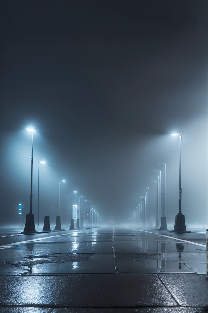 ((best quality)), ((wet asphalt)), (detailed), ((A broad brutalist construction)) ((with a fog)) ((low lighting with a bluish tone)) ((wet floor reflecting light )) ((Vô)) ((night)) ((the night))
((ultra realisitic)) ((light posts))
