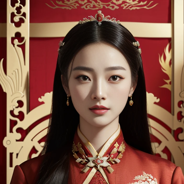 Arafed portrait of a woman in a red uniform, queen of the sea Mu Yanling, Empress of China, Order of Akira, Chinese princess, portrait of the empire, Empress Kazakh, traditional chinese, The girl who played the role of Genghis Khan, royal portrait, palace ， girl in hanfu, Inspiration from Min Zhen, emperor, in military uniform