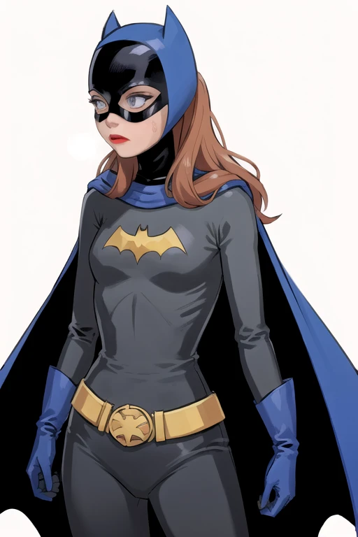 BarbaraG, 1girl, solo, cape, mask, belt, gloves, blue eyes, superhero, long hair, bodysuit, lipstick, batgirl