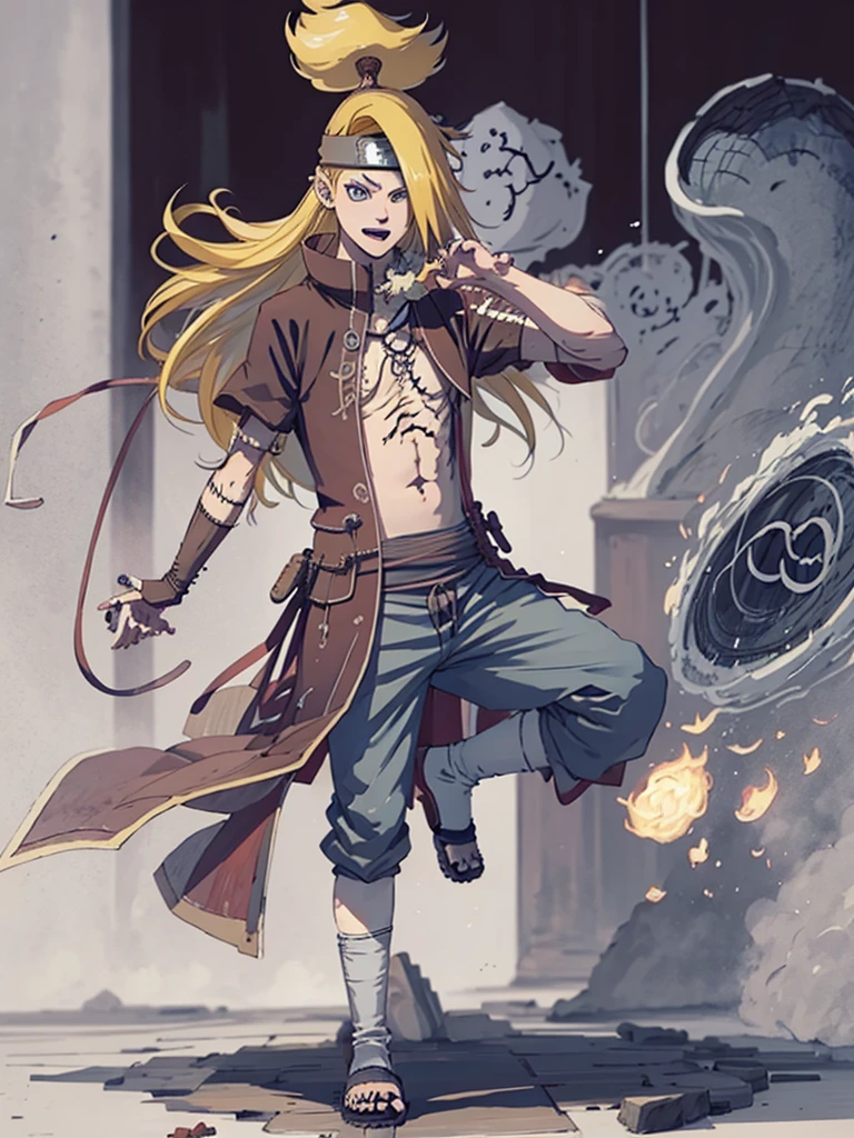 Deidara. man. 19 years. rubio. long hair. blue eyes. Long left side fringe. Sin Camísa, sin Pantalon, erect penis, chest with scar on the left side. 