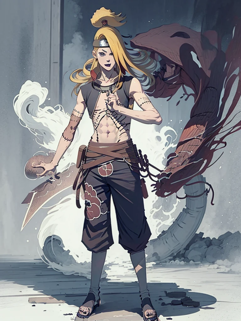 Deidara. man. 19 years. rubio. long hair. blue eyes. Long left side fringe. Sin Camísa, sin Pantalon, erect penis, chest with scar on the left side. 