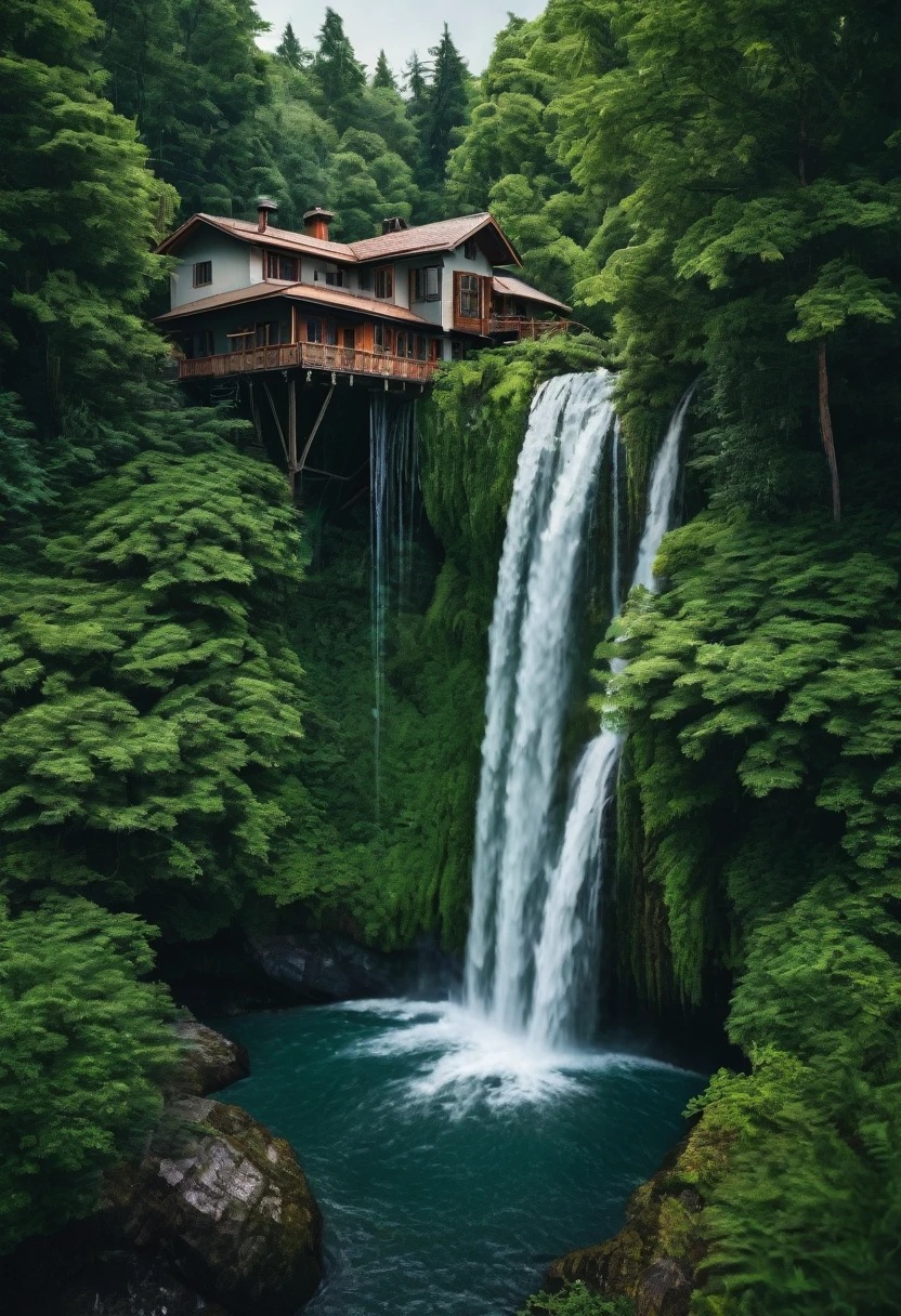 a close up of a waterfall in a forest with a house in the background, unsplash contest winner, unsplash photo contest winner, house in forest, 5 0 0 px, 500px, unsplash contest winning photo, top selection on unsplash, forest and waterfall, beeple daily art, nestled in a forest, with trees and waterfalls, hidden in the forest