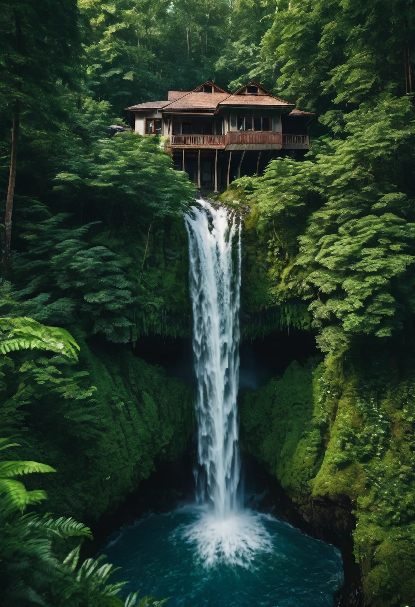 a close up of a waterfall in a forest with a house in the background, unsplash contest winner, unsplash photo contest winner, house in forest, 5 0 0 px, 500px, unsplash contest winning photo, top selection on unsplash, forest and waterfall, beeple daily art, nestled in a forest, with trees and waterfalls, hidden in the forest