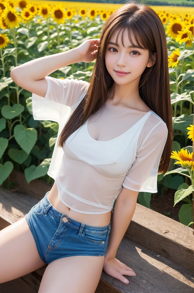 (((See-through white short-sleeved blouse))) (1若い女の子Very detailed美しい顔), (((Natural Makeup))),Great face and great quality:1.4), (Ultra-detailed), (Very detailed CG 統合 8k 壁紙), Very detailed,21 years old, High resolution raw color photos, Professional photography, Realistic portraits, Great face and eyes, Brown eyes,((Denim swimsuit)),(((Straight medium brown hair))), model, Depth of written boundary,,sit,smile,(Blue underwear),(((Quite small breasts))),(Small blue shorts),Spread your knees wide,,Sunflower field