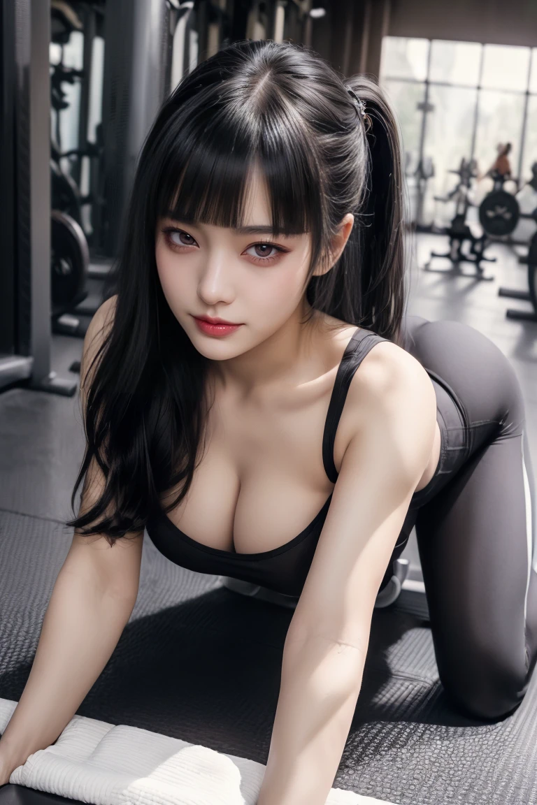 ponytail、Tight tank top、Yoga Tights、(all fours:1.2,lying on stomach:1.5),Ultra-high resolution、(((Blunt bangs, Princess Van))), (((Very heavy,Voluminous bangs:1.1))),(((very length, Very heavy,Very voluminous side locks:1.1))),, Princess Cut, Straight bangs hairstyle, Round face with Blunt bangs, length, Glossless hair、The bangs are cut straight,(masterpiece, Highest quality:1.5), (Ultra-fine 8K CG:1.4), (hyperRealistic:1.25), (PhotoRealistic:1.25), (Realistic:1.4), Cowboy Shot,(Smile 1.3), Beautiful Japanese Girl, , Supermodel, Japanese Idols, (Grin), (Big Breasts:1.5), Sweat、(All fours at the gym:1.5)、Accentuate your cleavage、Black Hair:1.2、(Full body images:1.5)、((Real person:1.5))、Perfect balance、(turn around:1.2)、spread legs:1.5、（From above:1.2）、(1 from the back.2)、Butt crack