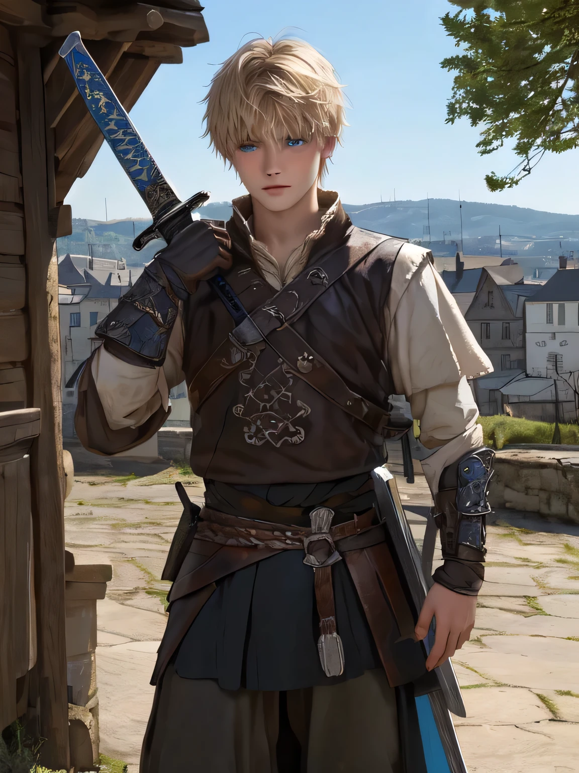 young north european age boy of small statue, shaggy short blond hair and blue eyes,  wearing ragged viking style lether west, town background, wearing a large sword on his back